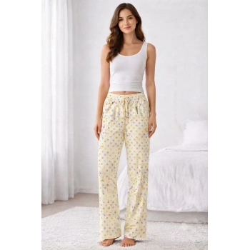 Viskon Pamuklu Kadın Açık Sarı Desenli Pijama Pantolon - MG010 - Mudanis