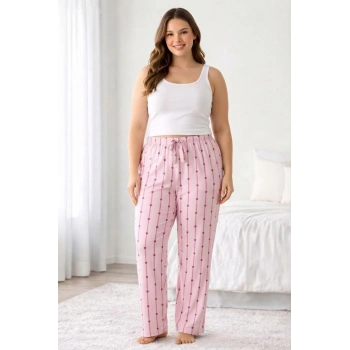 Viskon Pamuklu Kadın Büyük Beden Açık Pembe Desenli Pijama Pantolon - MGB007 - Mudanis