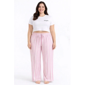 Viskon Pamuklu Kadın Büyük Beden Pudra Pembe Çizgili Pijama Pantolon - MGB004 - Mudanis
