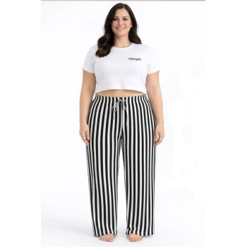 Viskon Pamuklu Kadın Büyük Beden Siyah Çizgili Pijama Pantolon - MGB001 - Mudanis
