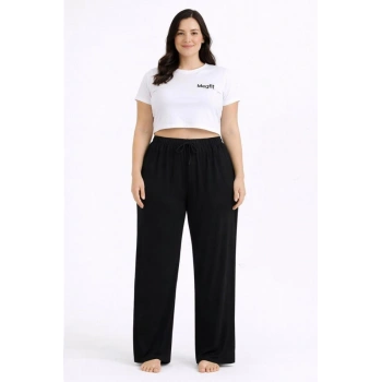 Viskon Pamuklu Kadın Büyük Beden Siyah Pijama Pantolon - MGB002 - Mudanis