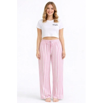 Viskon Pamuklu Kadın Pudra Pembe Çizgili Pijama Pantolon - MG004 - Mudanis