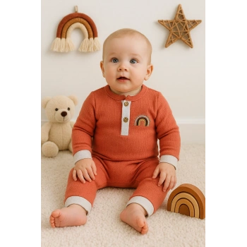 Waffle Gökkuşağı Nakışlı Erkek Bebek Tulumu