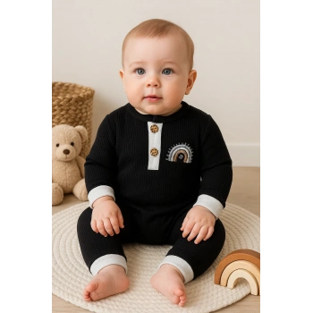 Waffle Gökkuşağı Nakışlı Erkek Bebek Tulumu