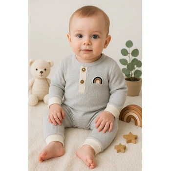 Waffle Gökkuşağı Nakışlı Erkek Bebek Tulumu