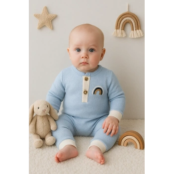 Waffle Gökkuşağı Nakışlı Erkek Bebek Tulumu