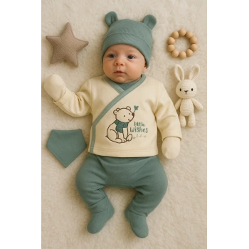 Waffle Natural % 100 Pamuk 5li Erkek Bebek Hastane Çıkış Seti