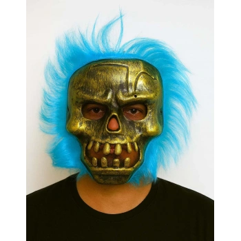 Wild Skull - Bakır Kafatası Turkuaz Saçlı İskelet Maske (4887)