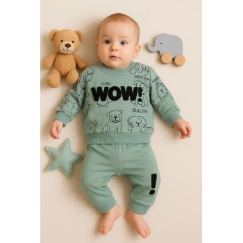Wow Nakışlı Pamuklu 2li Erkek Bebek Takımı
