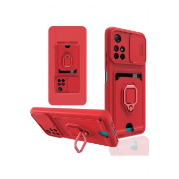 Xiaomi Redmi Note 11T Kılıf Zuma Kartvizitli Yüzüklü Silikon - Kırmızı