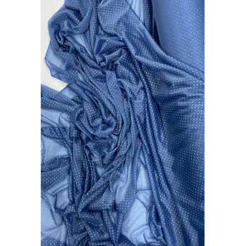 Yağmur Damlası Simli Abiye Elbise Şallık Tül Kumaş İndigo Mavi 89