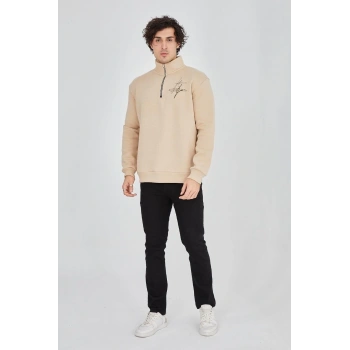 Yarım Fermuarlı Baskılı Sweat - Bej -