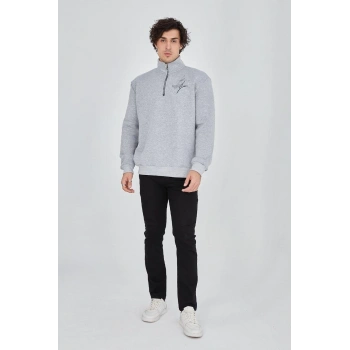 Yarım Fermuarlı Baskılı Sweat - Gri -