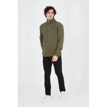 Yarım Fermuarlı Baskılı Sweat - Yeşil -