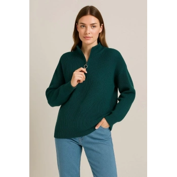 Yarım Fermuarlı Triko Kazak – Selanik Örgü, Dik Yaka, Pamuklu Dokuma, Oversize Uzun Kollu Kışlık Model - Haki