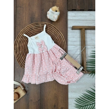 Yazlık Pamuklu Kalpli Askılı Kız Bebek 2li Takım