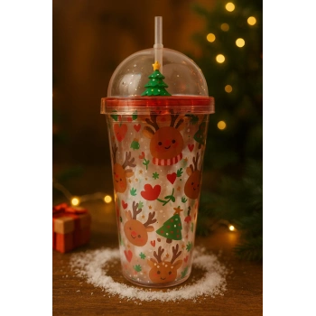 Yeni Yıl  & Noel Geyik Temalı Pipetli Suluk 450 ML Çift Katman Mika Su Şişesi 2768-C