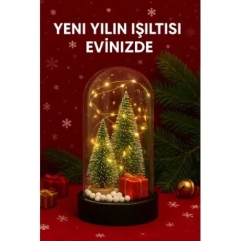 Yeni Yıl Hediye Led Işıklı Fanus İçinde 2 Çam Ağacı ve Hediye Temalı Noel Yılbaşı Gece Lambası