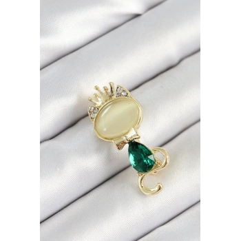 Yeşil Damla Zirkon Taşlı Kraliçe Taçlı Kedi Figürlü Gold Renk Kadın Broş - TJ-BR450