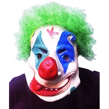 Yeşil Renk Afro Bonus Peruklu Palyaço Lateks Et Maske (4887)