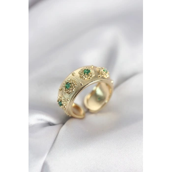Yeşil Zirkon Taşlı Gold Renk Vintage Kadın Yüzük - TJ-BYK4084