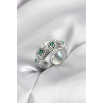 Yeşil Zirkon Taşlı Gümüş Renk Vintage Kadın Yüzük - TJ-BYK4083