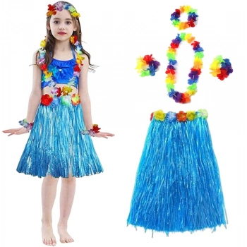 Yetişkin ve Çocuk Uyumlu Hawaii Luau Aloha Mavi Püsküllü Etek Kolye Taç ve 2 Adet Bileklik Seti