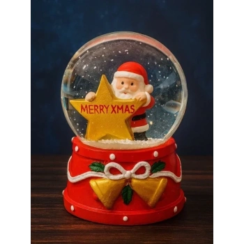 Yılbaşı Temalı LED Işıklı Yıldızlı Noel Baba Kar Küresi 9 cm Orta Boy Yeni Yıl Süsü - 48
