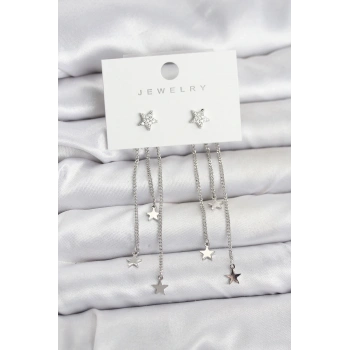 Yıldız Model Gümüş Renk Pirinç Sallantılı Kadın Küpe - TJ-BKP11462