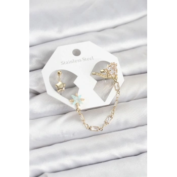 Yıldız Model Pirinç Gold Renk Zincir Bağlantılı Ear Cuff Küpe Seti - TJ-BKP11545