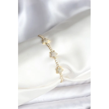 Yıldız Model Zirkon Taşlı Gold Renk Pirinç Su Yolu Kadın Bileklik - TJ-BB8096