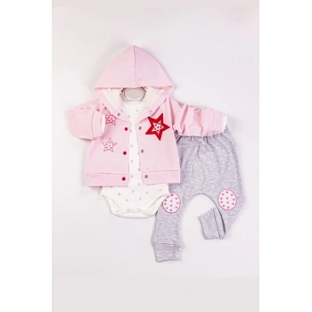 Yıldız Nakışlı Kapişonlu Kız Bebek Takımı