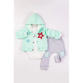 Yıldız Nakışlı Kapişonlu Kız Bebek Takımı