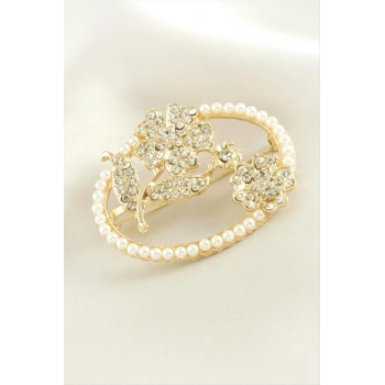 Yonca Çiçek İnci Taşlı Broş