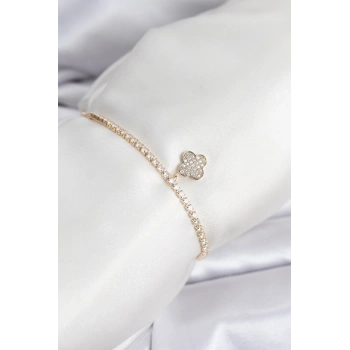 Yonca Model Zirkon Taşlı Gold Renk Asansörlü Su Yolu Bileklik - TJ-BB8244