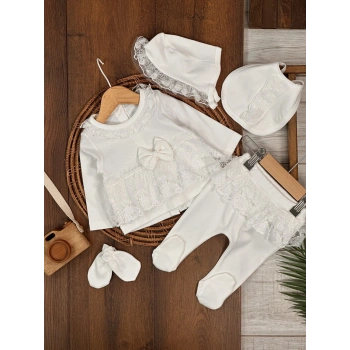 Yüksek Kalite Pamuk Fiyonklu Kız Bebek 5li Hastane Çıkış Seti