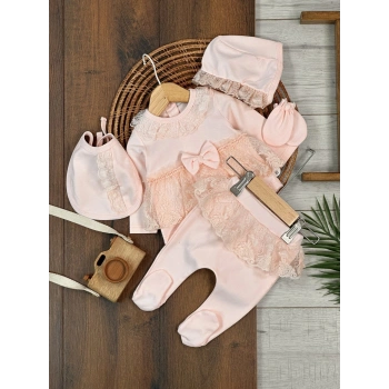 Yüksek Kalite Pamuk Fiyonklu Kız Bebek 5li Hastane Çıkış Seti