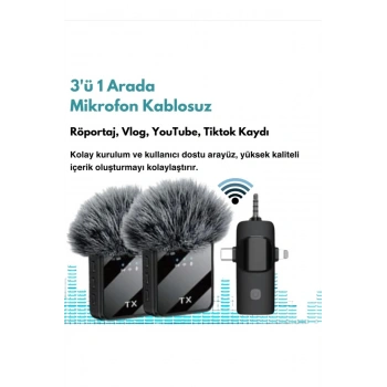 Yüksek Kalite Profesyonel 3 In 1 Kablosuz Taşınabilir Yaka Mikrofonu Tüylü