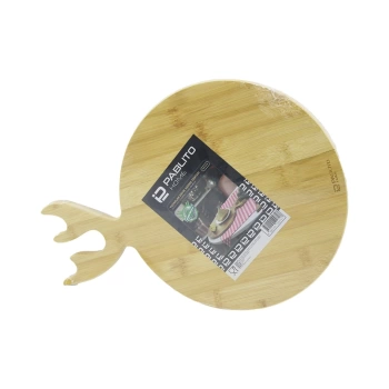 YUVARLAK AHŞAP BAMBU KESİM PANOSU - KESME TAHTASI GEYİK BOYNUZ FİGÜR SAPLI = 26CM (4887)