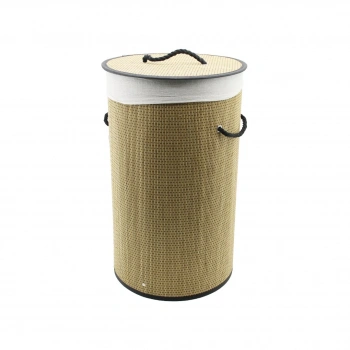 YUVARLAK HASIR - AHŞAP KİRLİ ÇAMAŞIR SEPETİ 37X60CM SEYYAR KAPAKLI İÇİ BEZLİ İP KULPLU (4887)