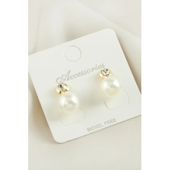 Yuvarlak İnci Taşlı Küpe