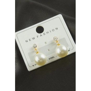 Yuvarlak İnci Taşlı Küpe