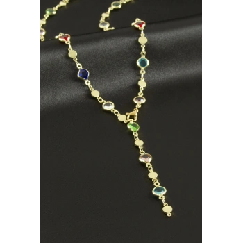 Yuvarlak Zirkon Taşlı Çelik Y Kolye