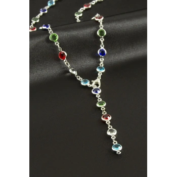 Yuvarlak Zirkon Taşlı Çelik Y Kolye