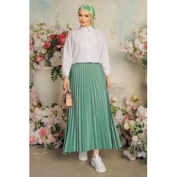 Zarif Ve Modern Pileli Parlak Krep Gizli Lastikli Mint Etek