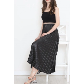 Zarif Ve Modern Pileli Parlak Krep Gizli Lastikli Siyah Etek