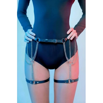 Zincir Detaylı Seksi Deri Belden Askılı Bacak Jartiyer Harness - Brf1323