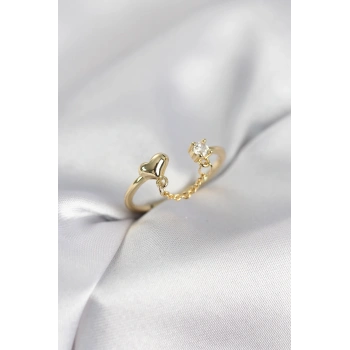 Zincir Sallantılı Kalp Model Gold Renk Kadın Yüzük - TJ-BYK4143