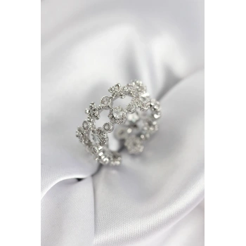 Zirkon Taşlı 2li Model Gümüş Renk Kadın Yüzük - TJ-BYK3935