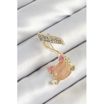 Zirkon Taşlı 3D Kedi Detaylı Nota Figürlü Gold Renk Kadın Broş - TJ-BR444